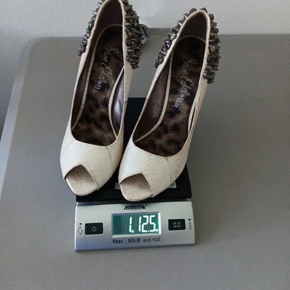 Sam Edelman Shoes Womens 8M Peep Toe Cream Leather Metal Spikes Punk Rock Biker - Picture 15 of 16